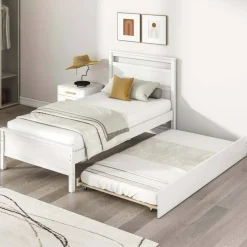 Costway Twin Size Platform Bed with Trundle Pull-out Trundle Headboard & Footboard Gray/White