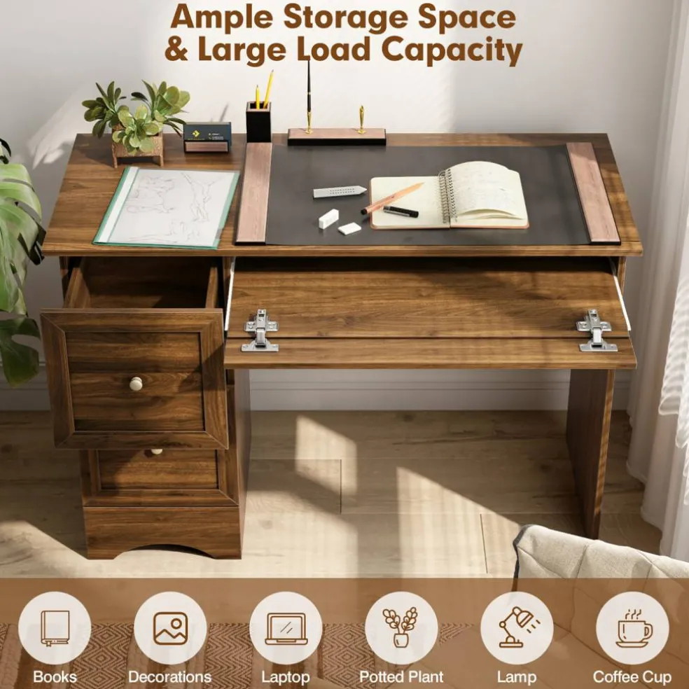 Costway Vintage Computer Desk Home Office Study Table Spacious Workstation with 3 Drawers Brown
