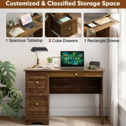 Costway Vintage Computer Desk Home Office Study Table Spacious Workstation with 3 Drawers Brown