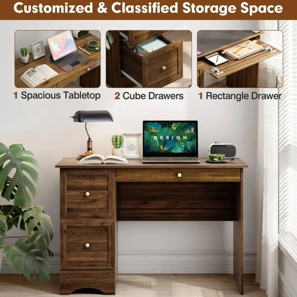Costway Vintage Computer Desk Home Office Study Table Spacious Workstation with 3 Drawers Brown