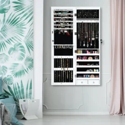 Costway Wall Door Mounted Mirror Jewelry Cabinet Organizer w/LED Light