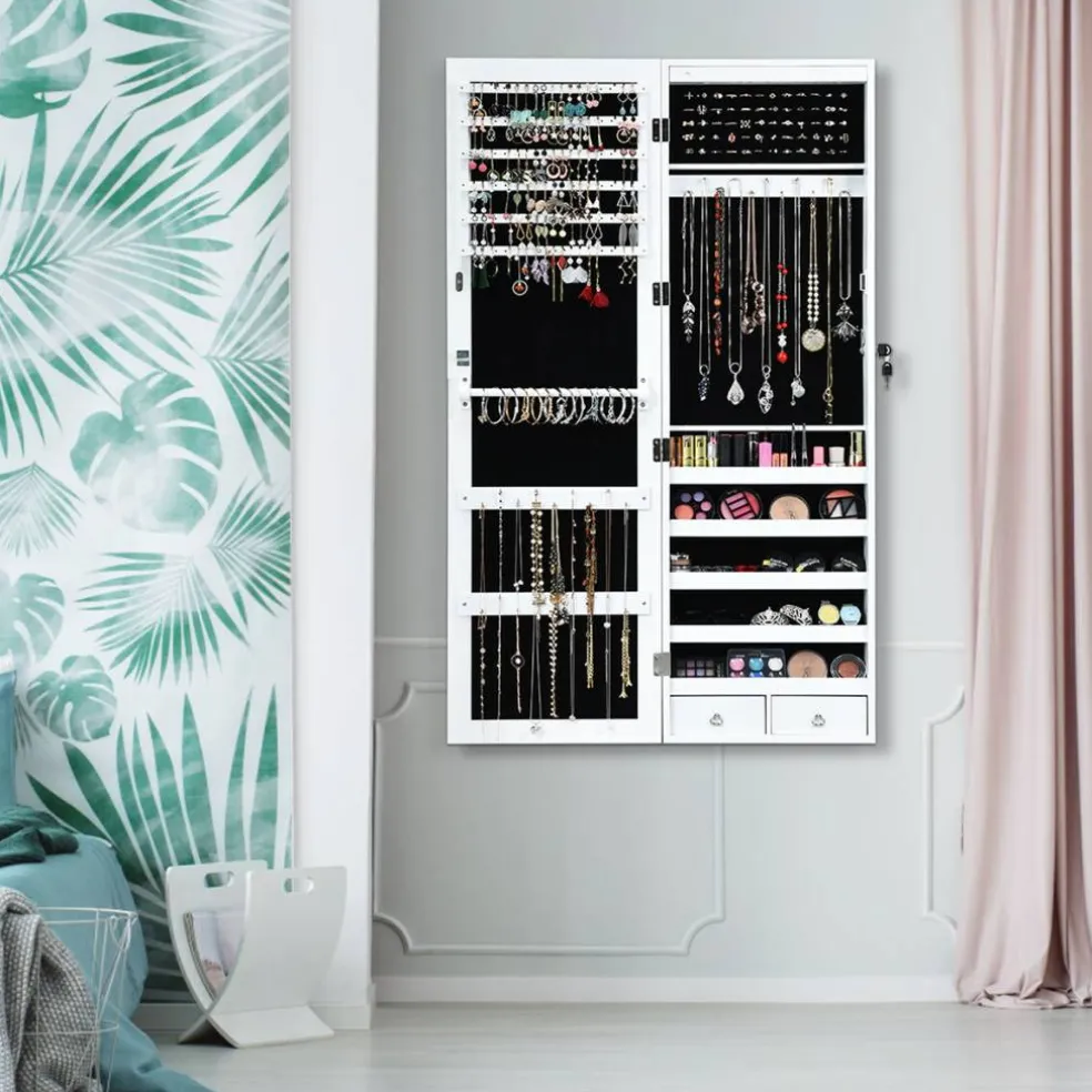 Costway Wall Door Mounted Mirror Jewelry Cabinet Organizer w/LED Light