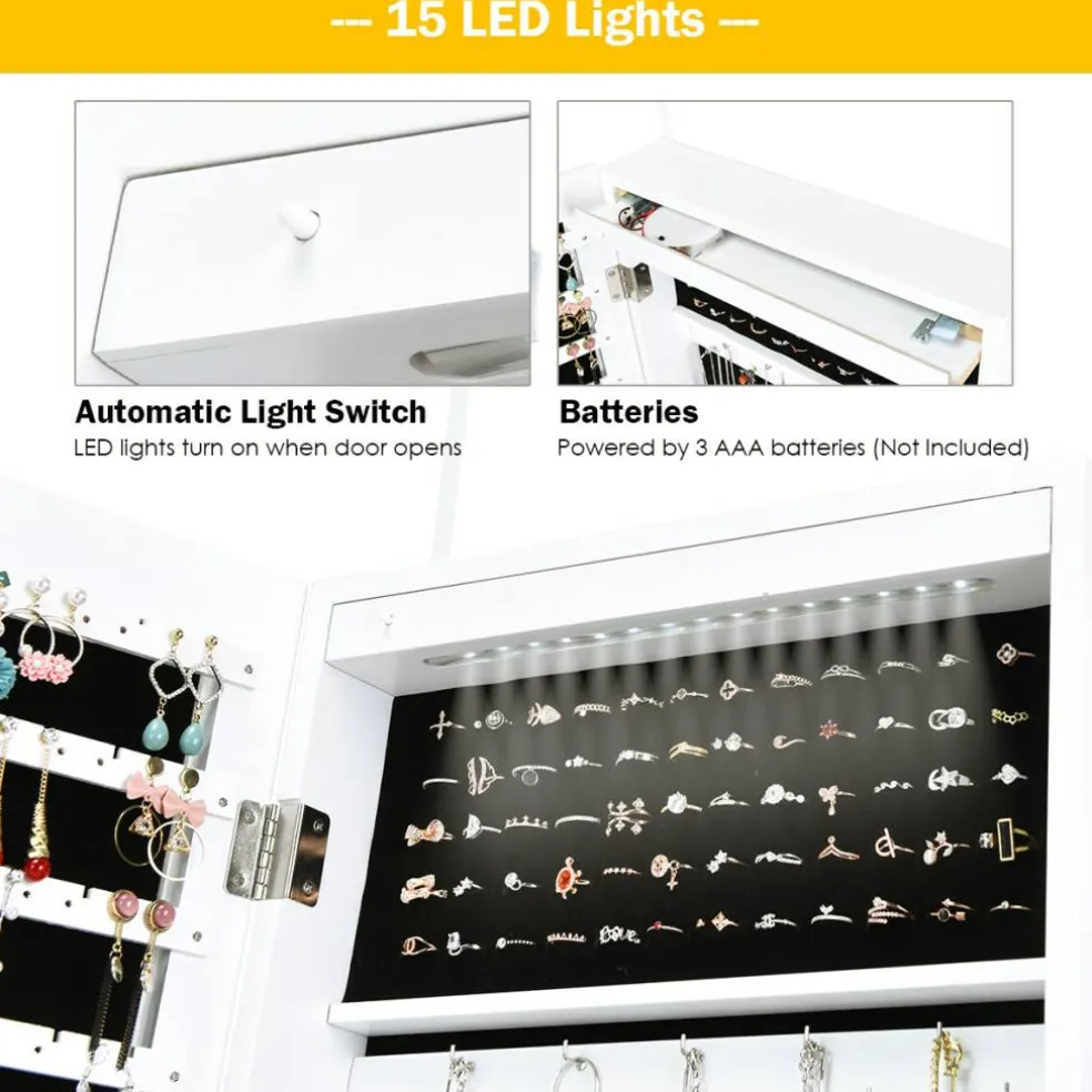 Costway Wall Door Mounted Mirror Jewelry Cabinet Organizer w/LED Light