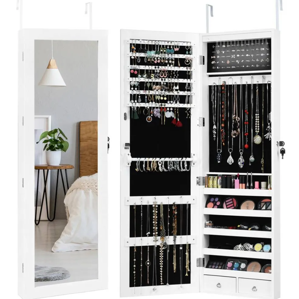 Costway Wall Door Mounted Mirror Jewelry Cabinet Organizer w/LED Light