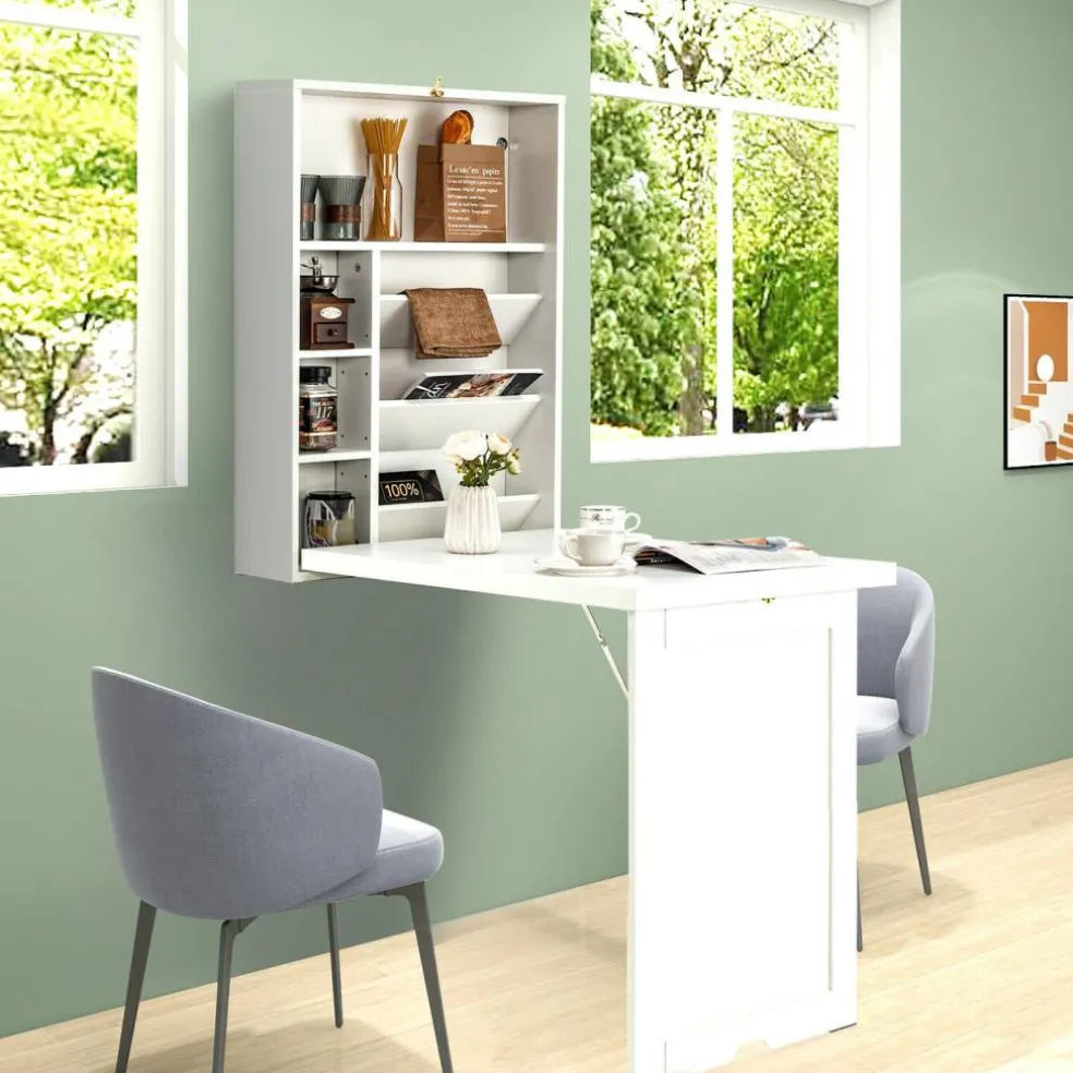 Costway Wall Mounted Computer Convertible Desk Floating Desk w/ Storage Bookcases White