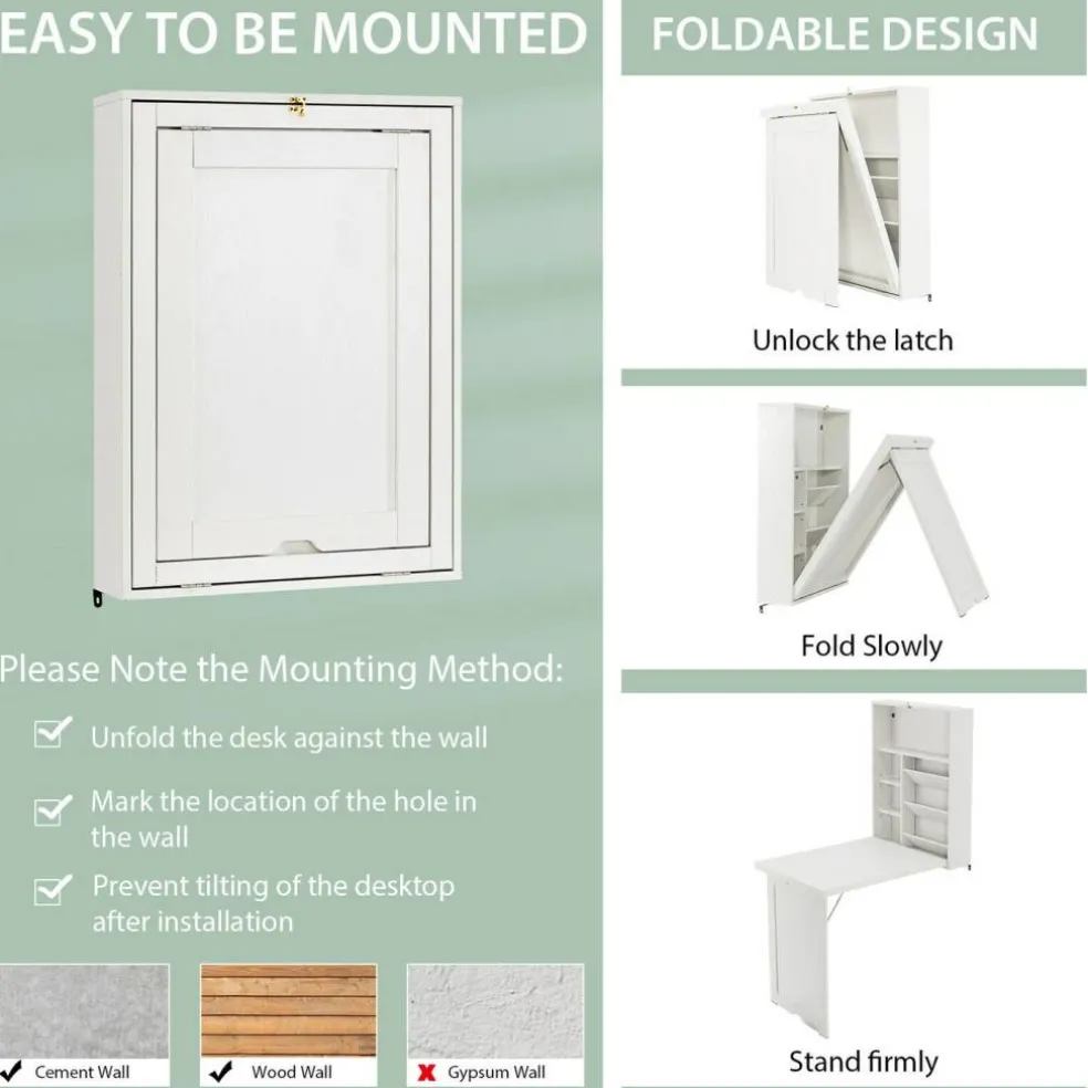Costway Wall Mounted Computer Convertible Desk Floating Desk w/ Storage Bookcases White