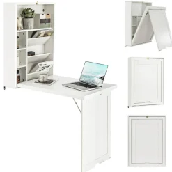 Costway Wall Mounted Computer Convertible Desk Floating Desk w/ Storage Bookcases White