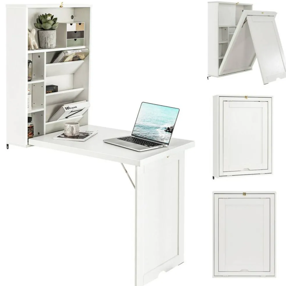 Costway Wall Mounted Computer Convertible Desk Floating Desk w/ Storage Bookcases White