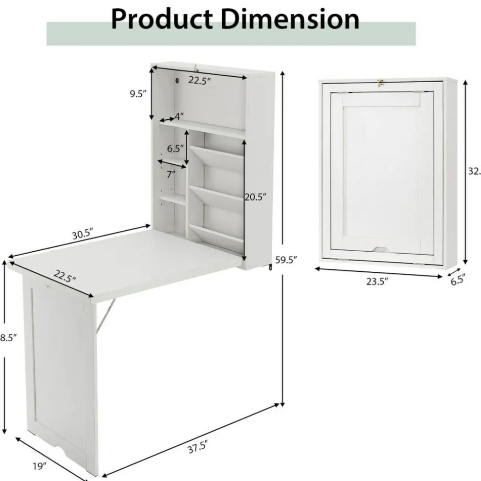 Costway Wall Mounted Computer Convertible Desk Floating Desk w/ Storage Bookcases White