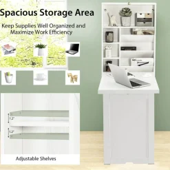 Costway Wall Mounted Computer Convertible Desk Floating Desk w/ Storage Bookcases White