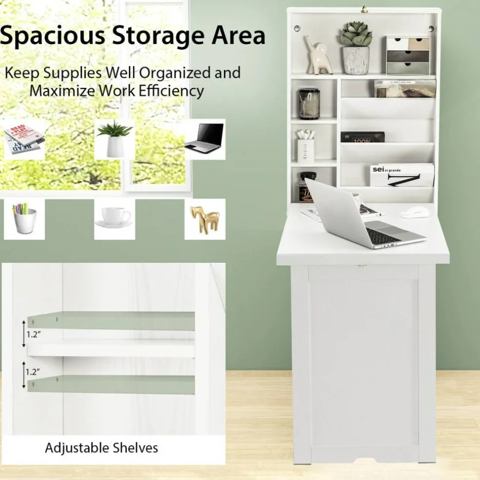 Costway Wall Mounted Computer Convertible Desk Floating Desk w/ Storage Bookcases White