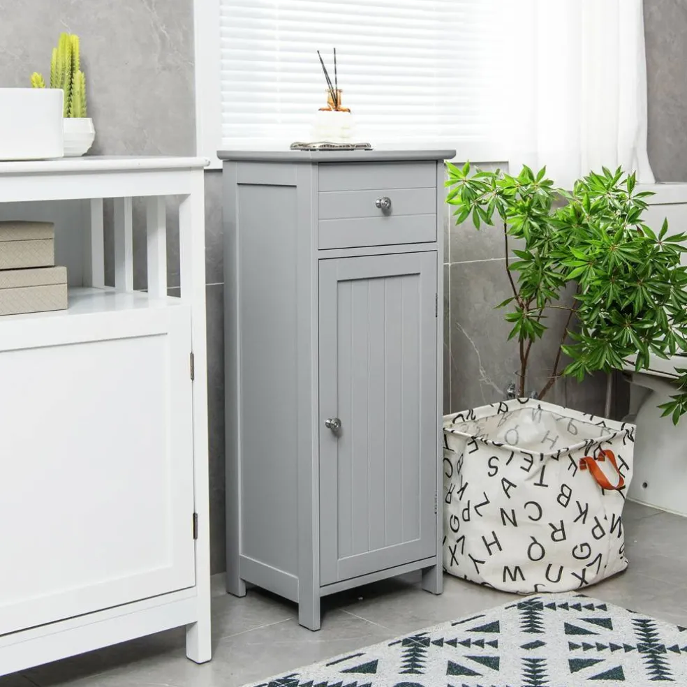 Costway Wooden Bathroom Floor Storage Cabinet Organizer w/ Drawer Adjustable Shelf BrownWhiteBlackGrey