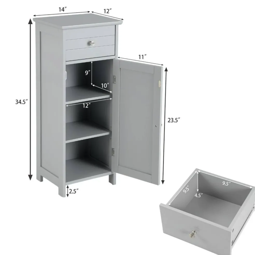Costway Wooden Bathroom Floor Storage Cabinet Organizer w/ Drawer Adjustable Shelf BrownWhiteBlackGrey
