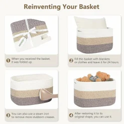Cotton Rope Storage Basket, 15x10x9 Inches, Woven Basket for Shelves, Clothes, Towels, Books, and Laundry, White Brown (1 Pack)