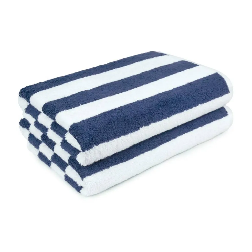 100% Cotton Soft & Absorbent Beach Towels, Cabana Stripe, Fast Drying, Machine Washable, Large 30 in x 60 in, Navy Blue, 2-Pack