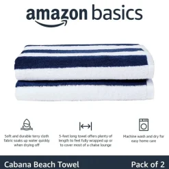 100% Cotton Soft & Absorbent Beach Towels, Cabana Stripe, Fast Drying, Machine Washable, Large 30 in x 60 in, Navy Blue, 2-Pack