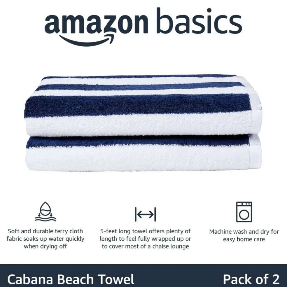 100% Cotton Soft & Absorbent Beach Towels, Cabana Stripe, Fast Drying, Machine Washable, Large 30 in x 60 in, Navy Blue, 2-Pack