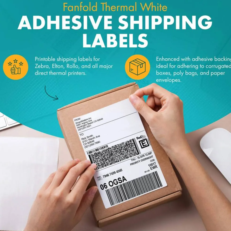 100 Count Fanfold Direct Thermal White Adhesive Perforated Shipping Labels 4" x 6"