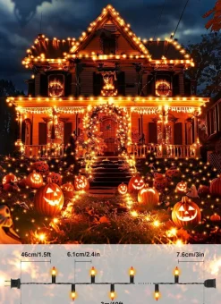 50 Count Orange Halloween Mini Lights, 10 Ft Incandescent Connectable String Lights with Spare Bulbs and Fuse, Indoor Outdoor Haunted House Party Holiday Decor