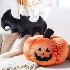 Cozy Fuzzy Jack-O’-Lantern and Bat Halloween Pillow Set – 2 Piece Plush Decorative Throw Pillows