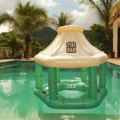 7.5' Cream and Green Tropical Inflatable Swimming Pool Floating Tiki Bar