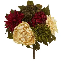 16" Cream Peony, Red Hydrangea & Green Dahlia Bush, 2ct.