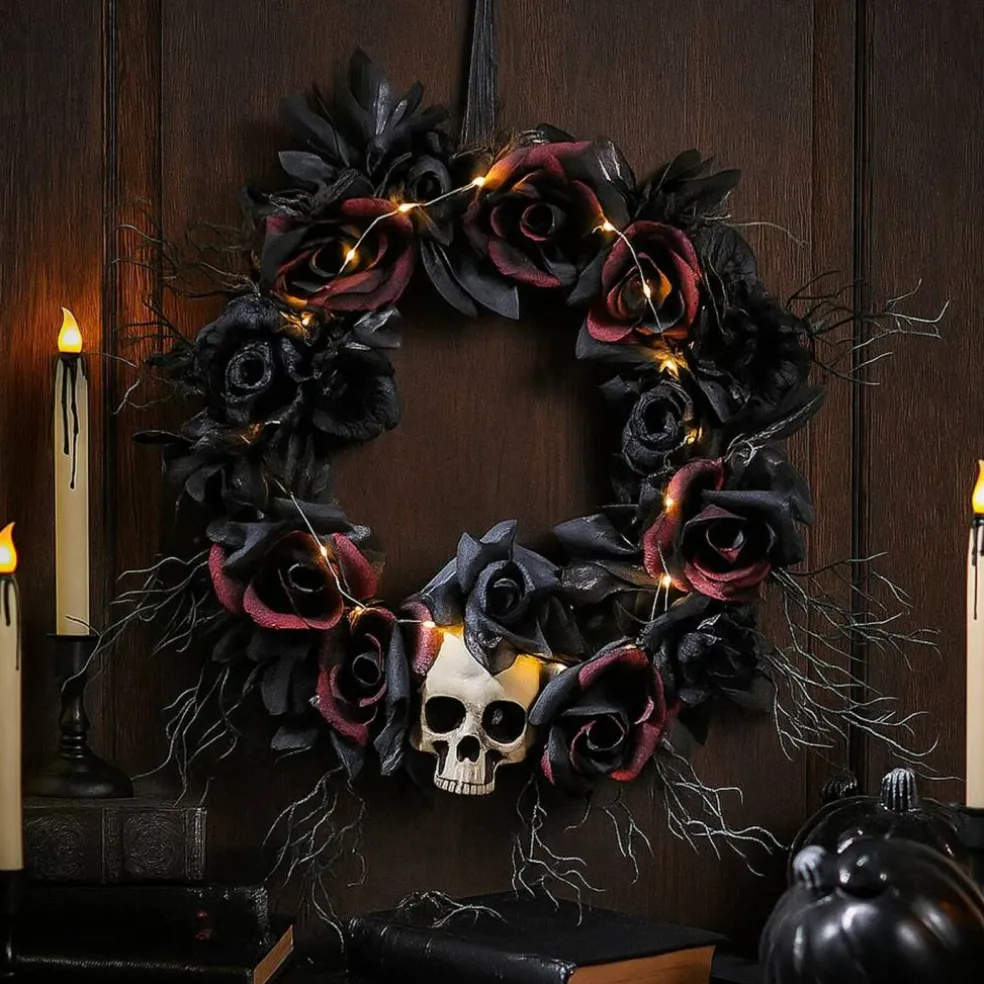 Creepy Halloween Skull Dead Roses Wreath Decoration 23.5"