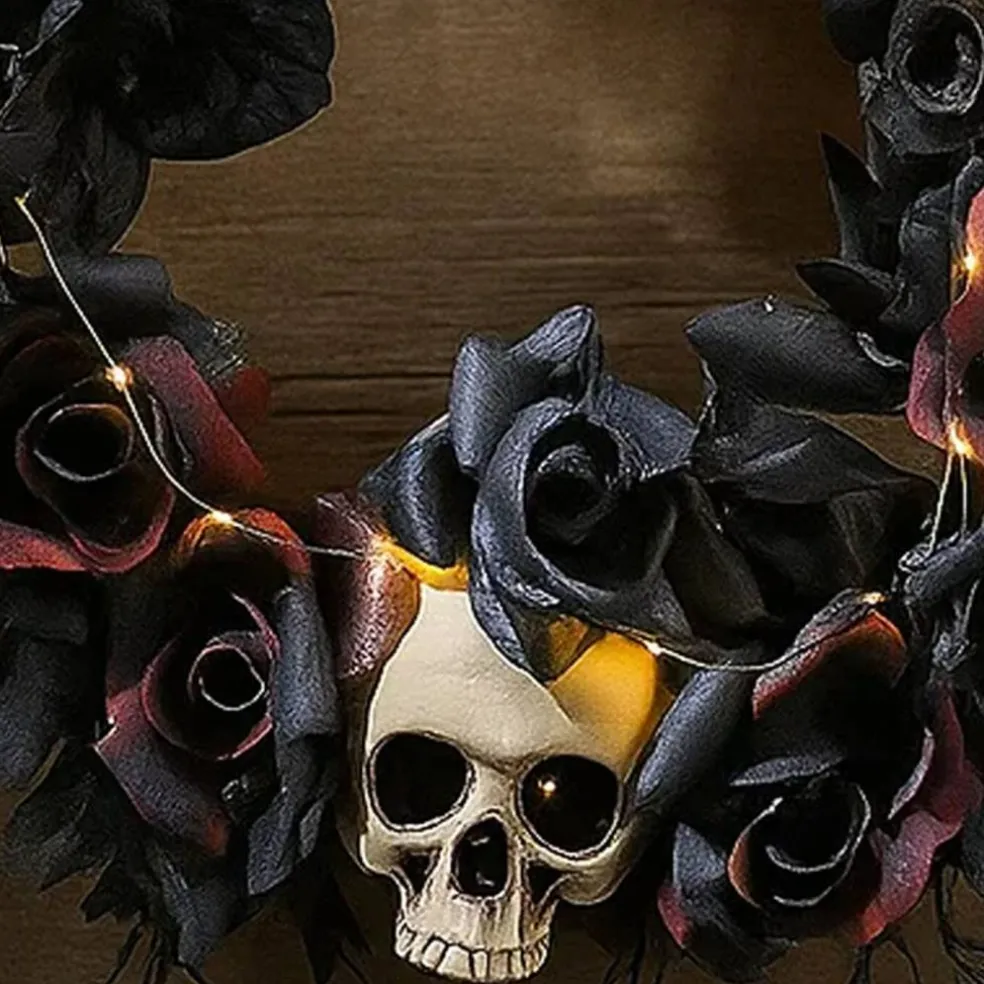 Creepy Halloween Skull Dead Roses Wreath Decoration 23.5"