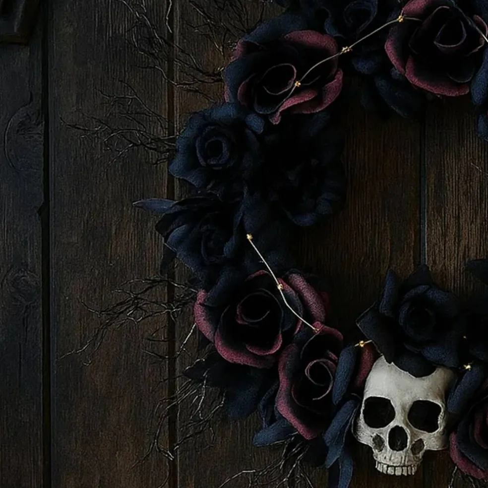Creepy Halloween Skull Dead Roses Wreath Decoration 23.5"