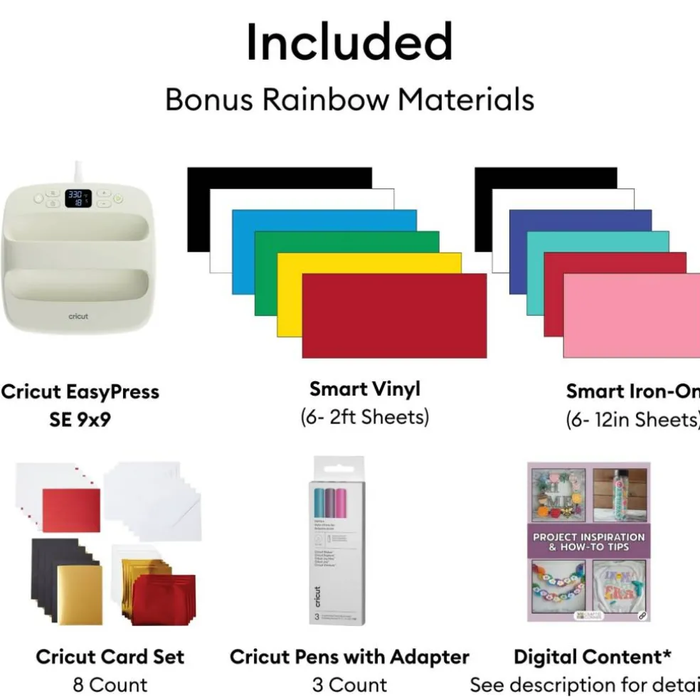 Cricut Explore 5 Essentials Sampler Bundle with EasyPress 9x9, Smart Vinyl & Smart Iron-On | Cricut Machine for T-Shirts, Vinyl & Custom Crafts