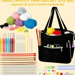 Crochet Bag Organizer for Yarn Storage, Velvet Knitting Tote Bag with Double Handle for Crochet Accessories, Portable Travel Case for Yarn Balls, Crochet Hooks& Knitting Needles Holder (Black)
