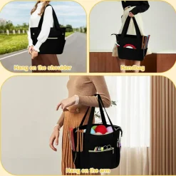 Crochet Bag Organizer for Yarn Storage, Velvet Knitting Tote Bag with Double Handle for Crochet Accessories, Portable Travel Case for Yarn Balls, Crochet Hooks& Knitting Needles Holder (Black)