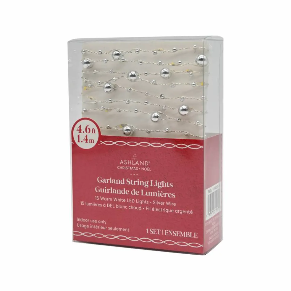 15ct. Warm White LED Metallic Silver Bead Garland String Lights on Silver Wire by Ashland®