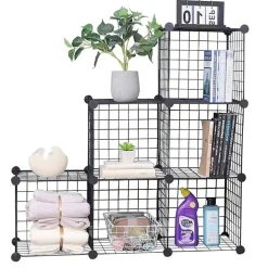 Cube Storage Organizer,6 Cube Closet Organizers and Storage,Wire Metal Grids Bookshelf,Stackable Modular Shelves,Cube Storage Organizer Bins for Home,Office,Kids Room,Black
