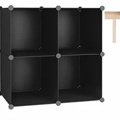 Cube Storage Organizer, 4-Cube Shelves Units, Closet Cabinet, DIY Plastic Modular Book Shelf, Ideal for Bedroom, Living Room, Office, 24.8" L x 12.4" W x 24.8" H Black SHS04A