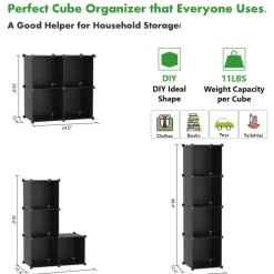 Cube Storage Organizer, 4-Cube Shelves Units, Closet Cabinet, DIY Plastic Modular Book Shelf, Ideal for Bedroom, Living Room, Office, 24.8" L x 12.4" W x 24.8" H Black SHS04A