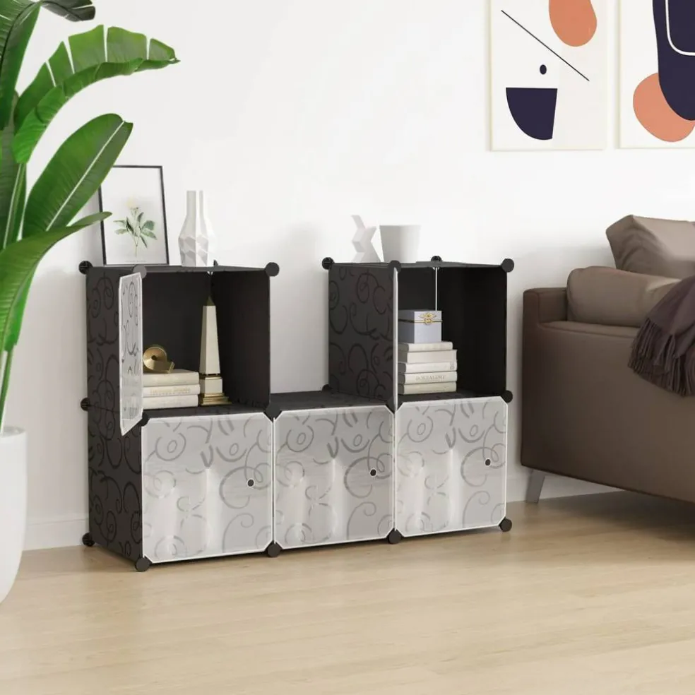 Cube Storage Organizer with Doors, Plastic 6-Cube Storage with Doors for Livingroom, Bedroom and Office (Black)