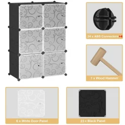 Cube Storage Organizer with Doors, Plastic 6-Cube Storage with Doors for Livingroom, Bedroom and Office (Black)