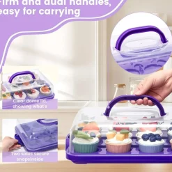 Cupcake and Cake Container with Lid, 12 Capacity Cup Cake Portable Carrier Dessert Holder with Handle for Family Picnics and Party Events, 2-in-1 Design, Purple