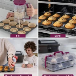Cupcake Carrier for 24 Cupcakes - Innovative Cupcake Holder includes 2 Cupcake Pans with Lid and Handle - Cupcake Travel Container Carries 12 or 24 Standard-Size Cupcakes for Storage Safely