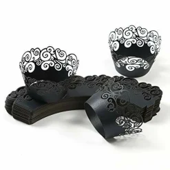 Cupcake Wrappers, KPOSIYA 50 Pack Cupcake Wraps Filigree Artistic Bake Cake Paper Cup Little Vine Laser Cut Liner Baking Cups Muffin Case Trays for Wedding Party Birthday Decoration (50, Black)