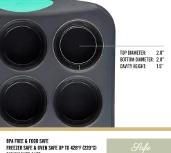 12-Cup Silicone Muffin Pan with Hard Lining, Nonstick & Heat-Resistant, Grey/Mint