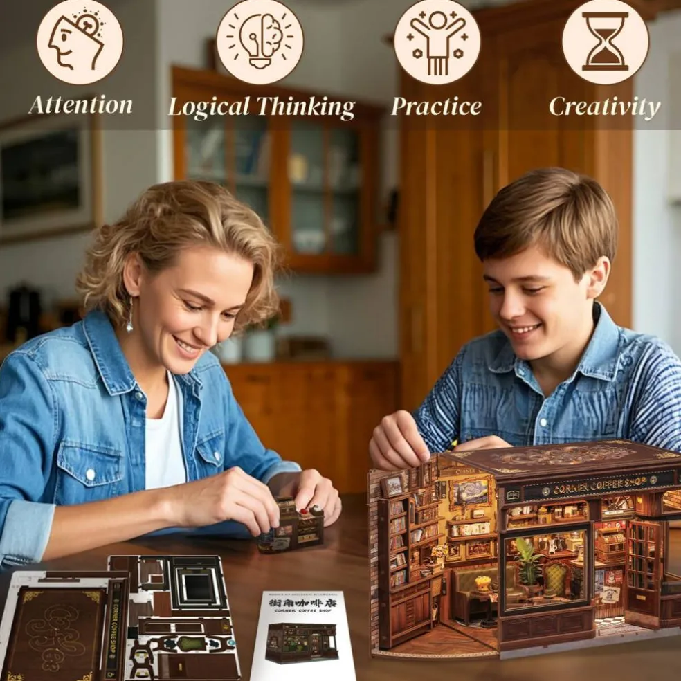 CUTEBEE® Book Nook Kit Corner Coffee Shop DIY Miniature House Shelf Insert Decor Diorama Kit