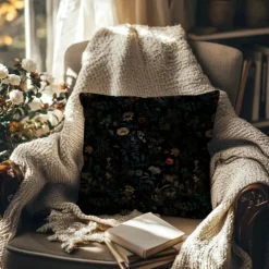 Dark Gothic Boho Floral Pillow Cover 18x18 Inch, Moody Black Botanical Throw Pillowcase, Mystical Exotic Flower Garden Flannel Cushion Cover for Sofa, Couch, Bedroom, Living Room Home Decor
