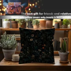 Dark Gothic Boho Floral Pillow Cover 18x18 Inch, Moody Black Botanical Throw Pillowcase, Mystical Exotic Flower Garden Flannel Cushion Cover for Sofa, Couch, Bedroom, Living Room Home Decor