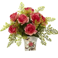 13" Dark Pink Rose & Maiden Hair Arrangement in Floral Planter