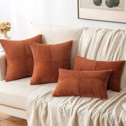 Dark Rust Decorative Throw Pillow Covers Set of 2 – 18x18 Inch Terracotta Boho Farmhouse Corduroy Patchwork Textured Cushion Covers for Sofa, Couch, Bed & Autumn Home Decor