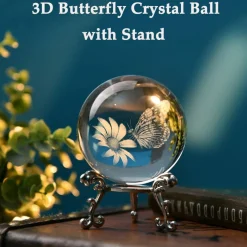 3D Butterfly Crystal Ball 60mm Gifts Ideas for Girlfriend Wife Mom Couple Her Butterfly on Sunflower in Glass Ball with Stand Flower Sphere Novelty Home Decor