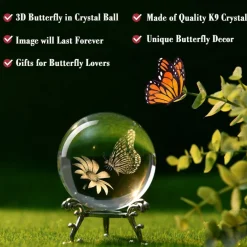 3D Butterfly Crystal Ball 60mm Gifts Ideas for Girlfriend Wife Mom Couple Her Butterfly on Sunflower in Glass Ball with Stand Flower Sphere Novelty Home Decor