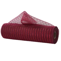 Deco Poly Mesh: 10.25" Fine Weave Metallic Mesh for Wreath Making and Decorations (Burgundy, Red Foil)